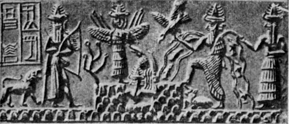 Между двух гор появляется бог Солнца, справа от него - бог Эа с бьющими из плеч струями воды, а слева - одна из богинь. По обе стороны стоят другие божества. Оттиск печати. Последняя четверть III тысячелетия до н. э. Высота 3,8 см