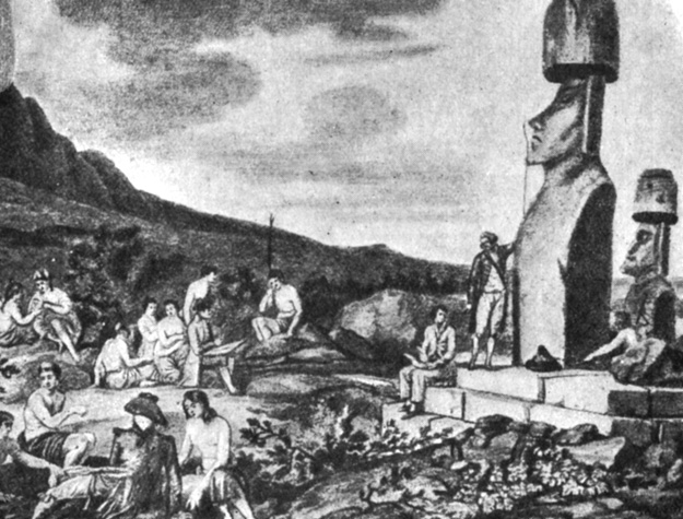 Статуи, украшенные цилиндрическими 'шляпами', зарисовал один из участников экспедиции Лаперуза