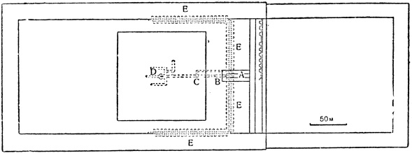 Предварительный план подземной части вновь открытой ступенчатой пирамиды (пунктирная линия) и окружающей ее ограды: А - другой спуск в подземное помещение; В - вход в подземное помещение; С - шахта; D - ложный саркофаг; Е - кладовые