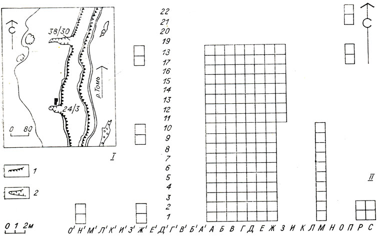 Рис. 30. Поселение Шорохово I. I - ситуационный план; II - вскрытая площадь. 2 - обрыв; 2 - промоина