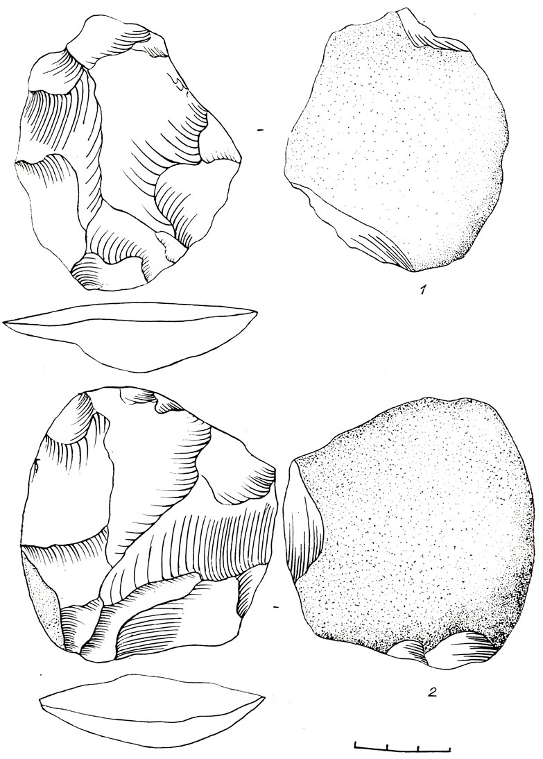 Рис. 61. Каменный инвентарь местонахождения Ильинка III. 1, 2 - нуклеусы