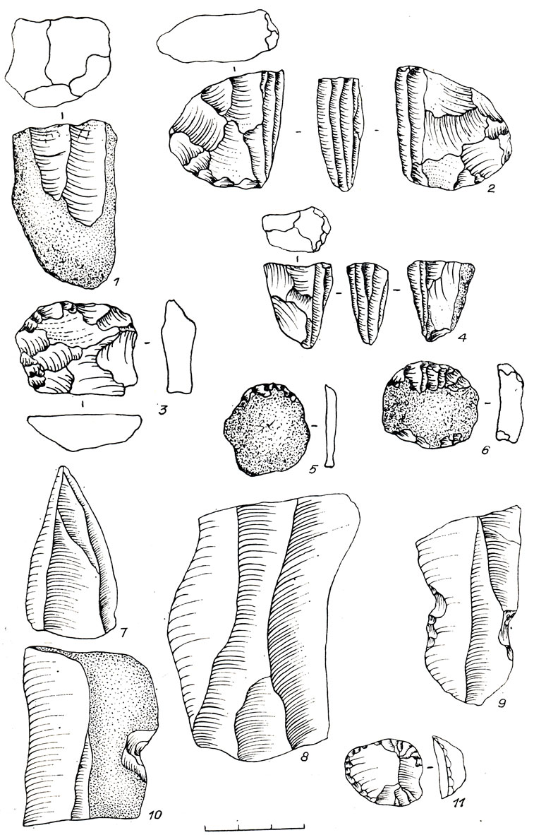 Рис. 79. Каменный инвентарь местонахождения Шумиха II (1-6) и Старочервово II (8-11). 1, 2, 4 - нуклеусы; 3, 5, 6, 11 - скребки; 7 - леваллуазский треугольный скол; 8 - пластина; 9, 10 - выемчатые орудия