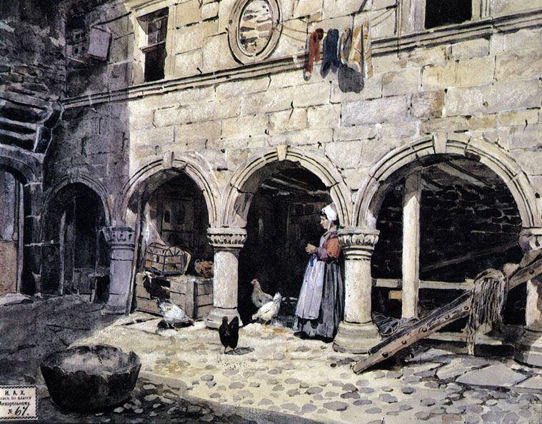 Лавеццари А. К. Дворик, Роскоф (Франция). 1870. Акварель. ГРМ
