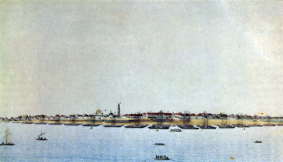 Белоногое И. М. (1800-1871). Вид города Рыбинска из-за реки Волги. Акварель, тушь, перо. ГИМ