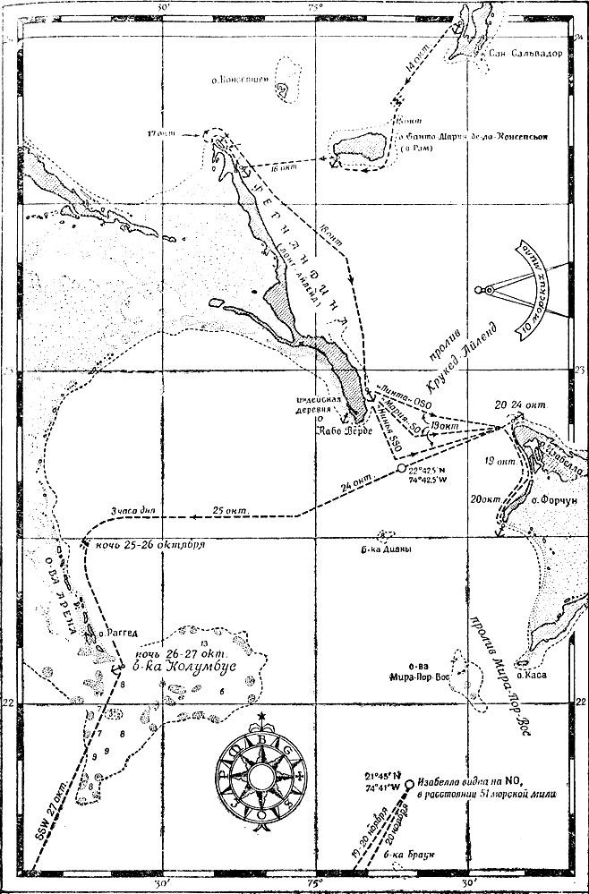 Рис. 3. Курс флотилии Колумба среди Багамских островов