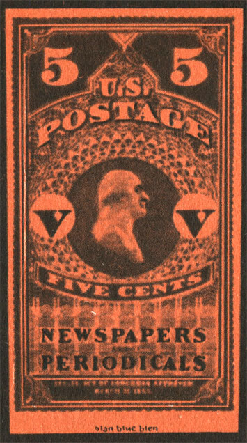 Эта американская марка, выпущенная в 1865 году для доставки газет, - самая большая в мире. Мы напечатали ее с сильным уменьшением. В действительности высота марки составляет 100 миллиметров, а ширина - 55 миллиметров