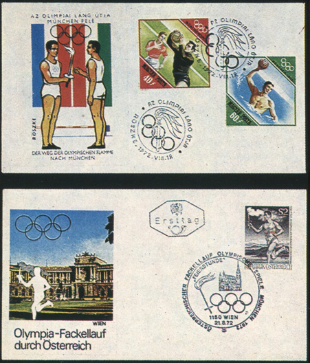 Факельная эстафета пришла в Венгрию (Рожке, 19 августа 1972 г.). Австрия встречает олимпийский огонь (Вена, 21 августа 1972 г.). В день прибытия огня в Вену выпущена специальная марка с изображением участника факельной эстафеты