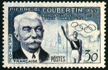 Марка Франции с портретом основоположника современных Олимпиад Пьера Кубертена, олимпийским флагом и спортсменом, произносящим олимпийскую клятву