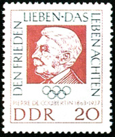 Год 1963 подарил филателистам несколько выпусков, посвященных Пьеру Кубертену. Марка ГДР с портретом основоположника современных Олимпийских игр