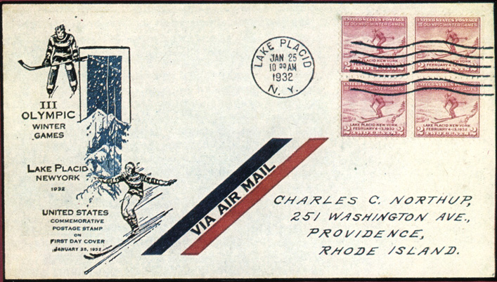 Конверт первого дня, отправленный авиапочтой из Лейк-Плэсида 25 января 1932 г., в день выхода олимпийской марки США в честь III зимних Олимпийских игр