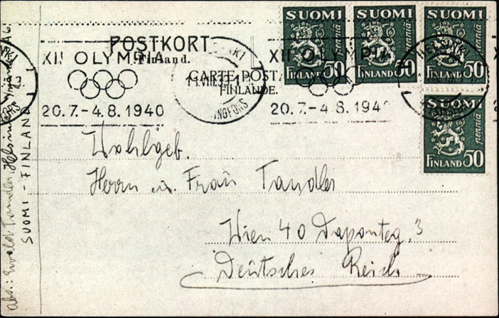Почтовая карточка со специальным машинным штемпелем рекламировавшим несостоявшиеся XII Олимпийские игры 1940 г., которые намечалось провести в Хельсинки