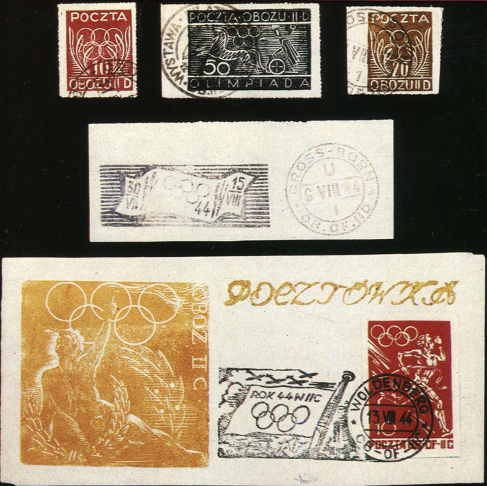 Олимпийские марки лагерной почты, специальный штемпель и почтовая карточка, выпущенные польскими военнопленными офицерских лагерей Гросборн