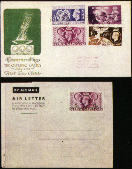 Письмо с полной серией олимпийских марок 1948 г. Англии, погашенной на стадионе Уэмбли специальным штемпелем XIV Олимпийских игр в Лондоне. Цельная вещь - авиаписьмо с напечатанной олимпийской маркой. Выпущена английской почтой в преддверии Лондонской Олимпиады