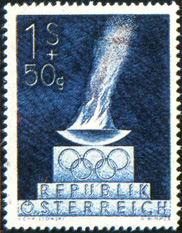 Олимпийская марка Австрии 1952 г., воспроизводящая олимпийский огонь в чаше
