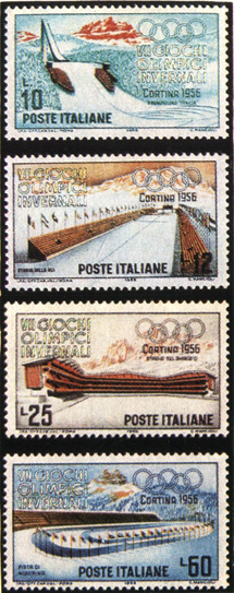 На марках Италии - спортивные сооружения Кортина Д'Ампеццо, на которых состоялись VII зимние Олимпийские игры 1956 г.