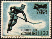 'Хоккейная' марка Сан-Марино с авиапочтовой надпечаткой