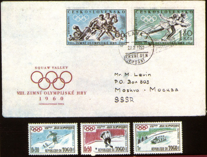 Конверт первого дня Чехословакии, посвященный VIII зимним Олимпийским играм 1960 г. Неафриканские - зимние виды спорта на олимпийских марках 1960 г. африканского государства Того