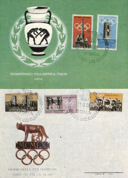 Буклет Итальянского олимпийского комитета с серией предолимпийских марок, погашенной специальным машинным штемпелем