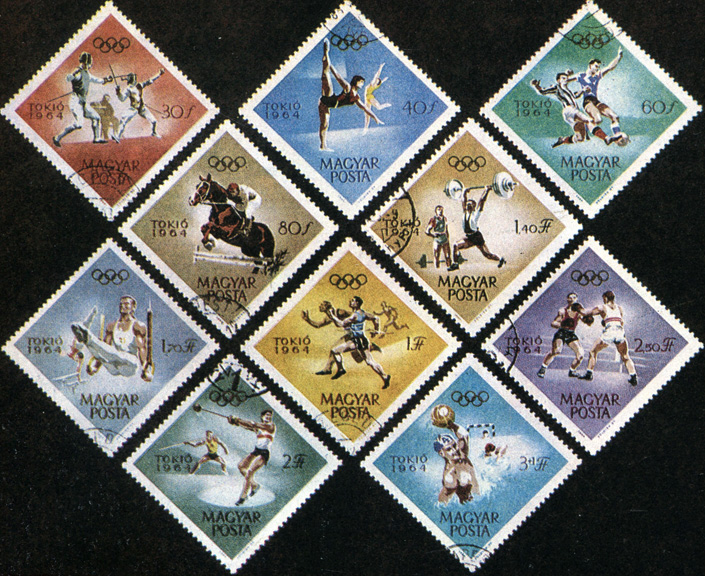 Верная своей традиции почта Венгрии посвятила серию броских крупноформатных марок токийской Олимпиаде