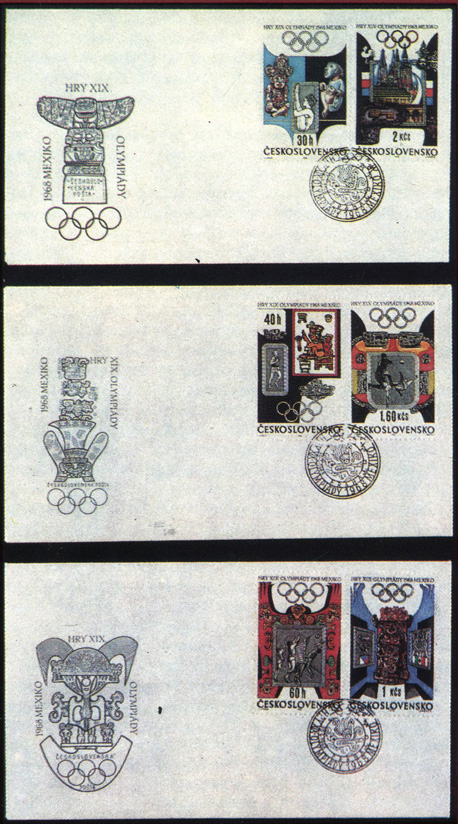 Марки Чехословакии на конвертах первого дня в честь XIX Олимпийских игр в Мехико