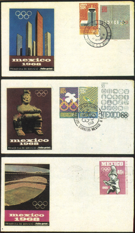 Конверты первого дня почты Мексики с марками первой и последней, пятой олимпийской серии, вышедшей в день открытия XIX Олимпийских игр - 12 октября 1968 г.