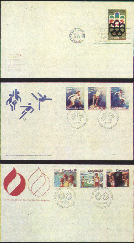 Конверты первого дня с марками первой, девятой и двенадцатой олимпийских серий, выпущенных канадской почтой к Играм XXI Олимпиады