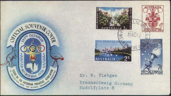 Конверт первого дня с серией Австралии, выпущенной к XVI Олимпийским играм 1956 г. в Мельбурне