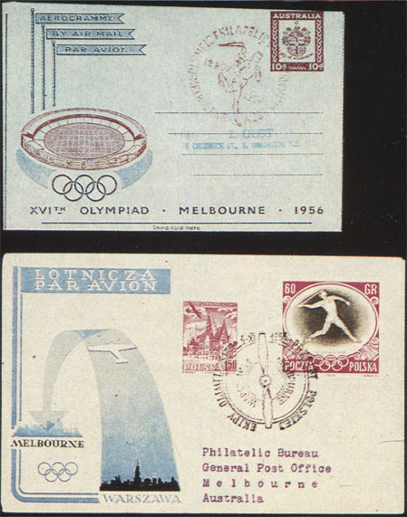 Специальная цельная вещь - аэрограмма австралийской почты со спецгашением Олимпийской филателистической выставки в Мельбурне. Авиаписьмо 1956 г., летевшее вместе с олимпийской командой Польши из Варшавы в Мельбурн со специальным штемпелем, отметившим это  событие