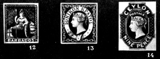 12-14. Английские полиграфические фирмы 'наводят экономию', используя одну и ту же полиграфическую форму для печатания марок разных стран. Одна из марок типа 'Британия', выпущенная в Лондоне для островов Барбадос, Тринидад, Маврикий (1851-1860 гг.). Эти марки отличались только надписями. Марки Ионических островов и Цейлона с одинаковыми рисунками центра (1859 г.)
