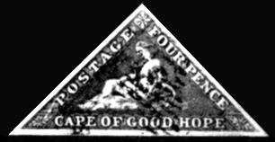 17. Марка Мыса Доброй Надежды типа 'гравюра на дереве' в форме равнобедренного треугольника (1861 г.)