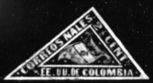 18. Марка Колумбии в форме опрокинутого прямоугольного треугольника (1869 г.)