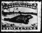 36. Пятицентовая марка Ньюфаундленда, на которой изображен тюлень с передними лапами (1880 г.)