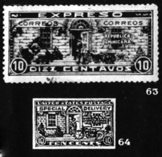 63-64. Газетная марка США (1922 г.) и марка 'спешной почты' Доминиканской республики (1927 г.). Яркий пример плагиата рисунка