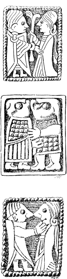 Золотые бляшки с изображением мужчины и женщины, найденные при раскопках жилищ в Швеции и Норвегии. (Увеличенное изображение, сторона бляшки в натуре не превышает 2 см)
