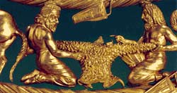 Золотое руно (древняя условная карта Скифии, где рог - означает Днепр), которое держат скифские цари-братья Пал (слева) и Нап - символ двоевластия.