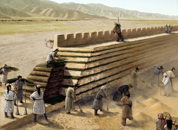 Строительство вновь обнаруженной секции Великой стены (изображение Ren Chao / National Geographic China)