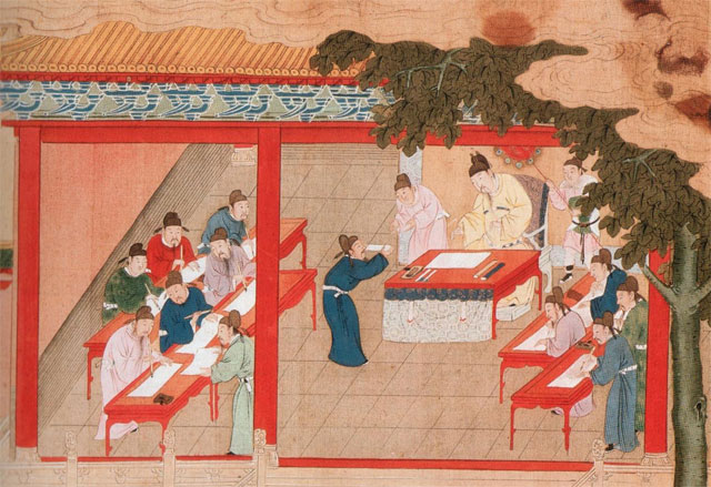 Император принимает эссе, написанное во время дворцовых экзаменов. Китай, династия Сун: https://upload.wikimedia.org/wikipedia/commons/1/13/Palastexamen-SongDynastie.jpg