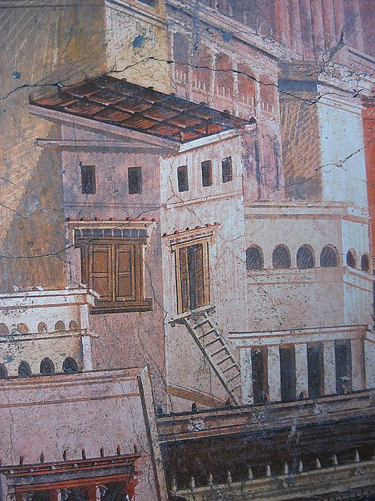 Фрагмент фрески из виллы в Боскореале, которая располагалась в окрестностях города Помпеи. Изображение многоэтажных зданий, которые, скорее всего являлись инсулами: https://ru.wikipedia.org/wiki/Инсула#/media/Файл:Villa_Boscoreale.JPG