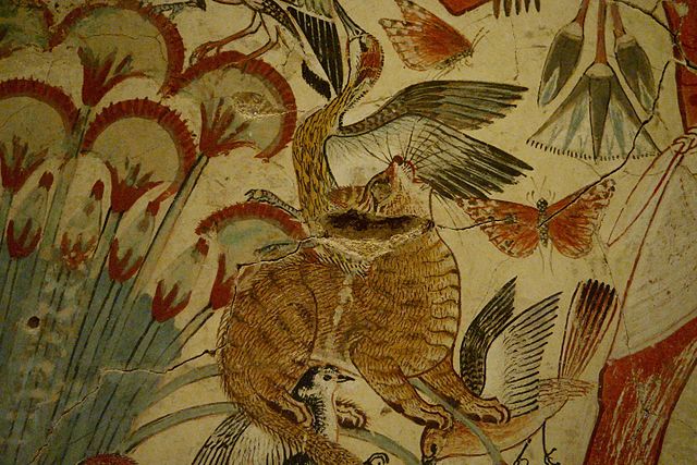 Древнеегипетское изображение кота на фреске (гробница Небамона, примерно 1350 год до нашей эры): https://ru.wikipedia.org/wiki/Кошки_в_Древнем_Египте#/media/Файл:Cat,_Tomb_of_Nebamun.jpg